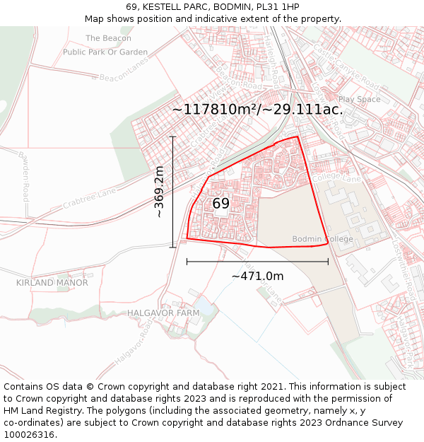 69, KESTELL PARC, BODMIN, PL31 1HP: Plot and title map
