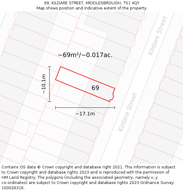 69, KILDARE STREET, MIDDLESBROUGH, TS1 4QY: Plot and title map