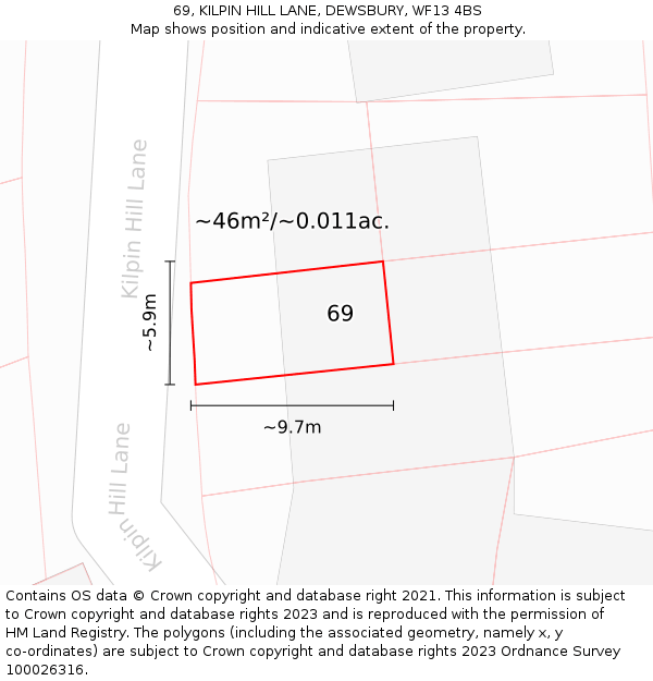 69, KILPIN HILL LANE, DEWSBURY, WF13 4BS: Plot and title map