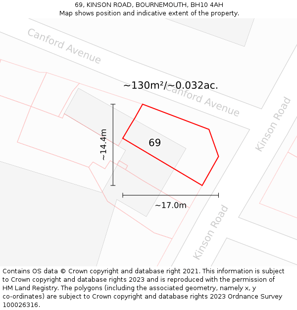 69, KINSON ROAD, BOURNEMOUTH, BH10 4AH: Plot and title map
