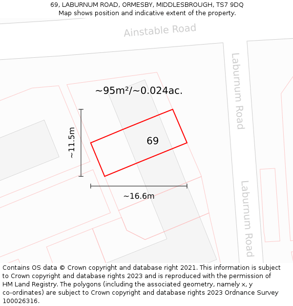 69, LABURNUM ROAD, ORMESBY, MIDDLESBROUGH, TS7 9DQ: Plot and title map