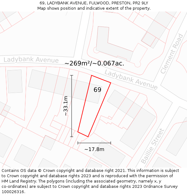 69, LADYBANK AVENUE, FULWOOD, PRESTON, PR2 9LY: Plot and title map