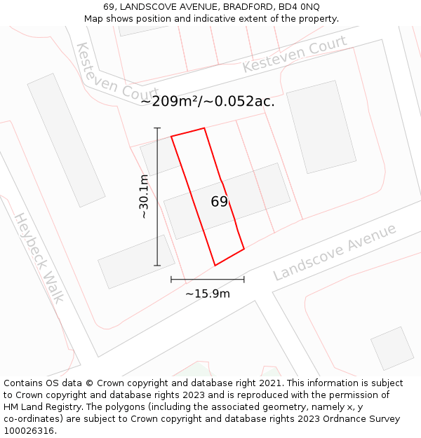 69, LANDSCOVE AVENUE, BRADFORD, BD4 0NQ: Plot and title map