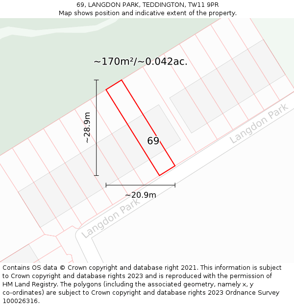 69, LANGDON PARK, TEDDINGTON, TW11 9PR: Plot and title map