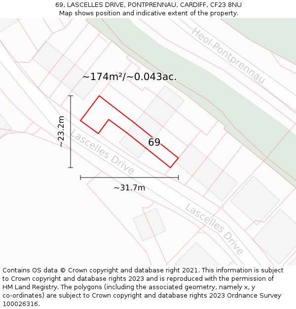 69, LASCELLES DRIVE, PONTPRENNAU, CARDIFF, CF23 8NU: Plot and title map