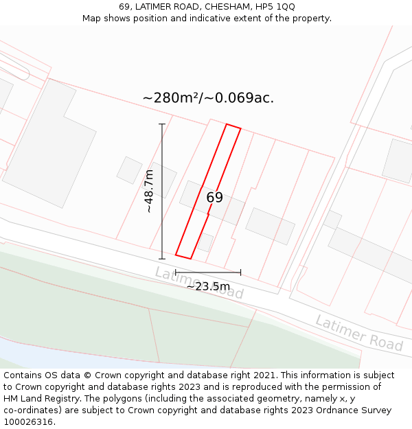 69, LATIMER ROAD, CHESHAM, HP5 1QQ: Plot and title map