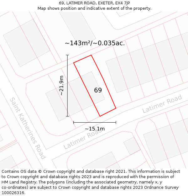 69, LATIMER ROAD, EXETER, EX4 7JP: Plot and title map