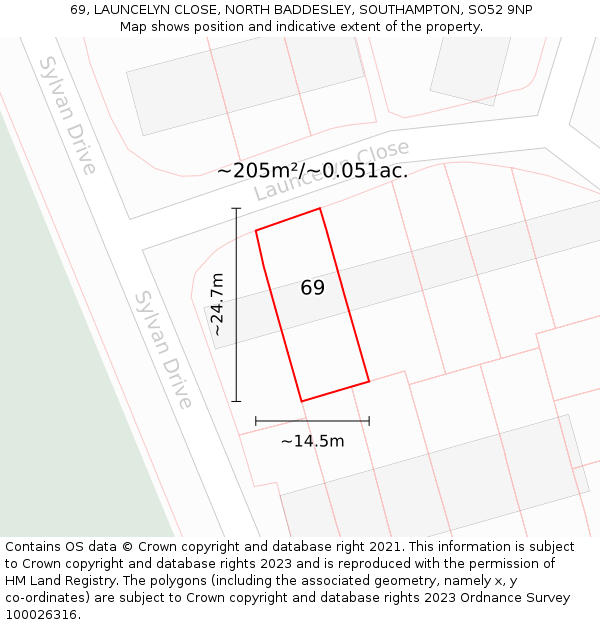 69, LAUNCELYN CLOSE, NORTH BADDESLEY, SOUTHAMPTON, SO52 9NP: Plot and title map