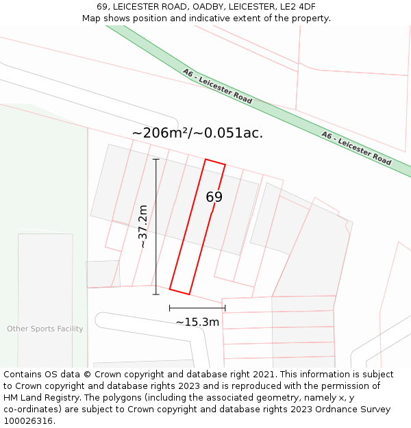 69, LEICESTER ROAD, OADBY, LEICESTER, LE2 4DF: Plot and title map