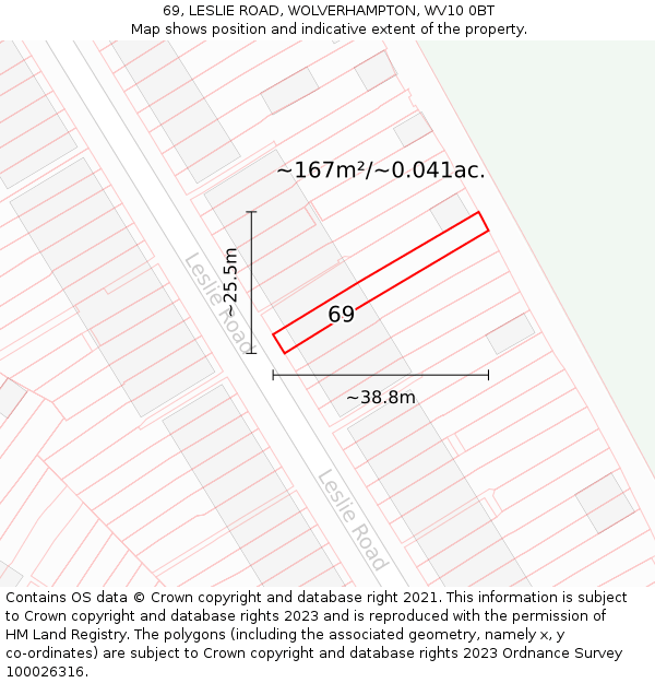 69, LESLIE ROAD, WOLVERHAMPTON, WV10 0BT: Plot and title map