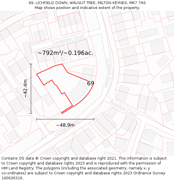 69, LICHFIELD DOWN, WALNUT TREE, MILTON KEYNES, MK7 7AS: Plot and title map