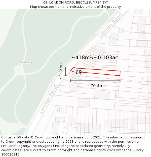 69, LONDON ROAD, BECCLES, NR34 9YT: Plot and title map