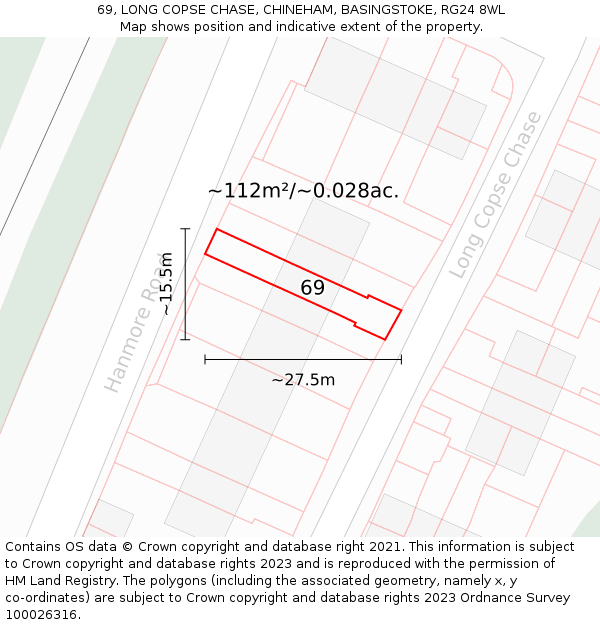 69, LONG COPSE CHASE, CHINEHAM, BASINGSTOKE, RG24 8WL: Plot and title map