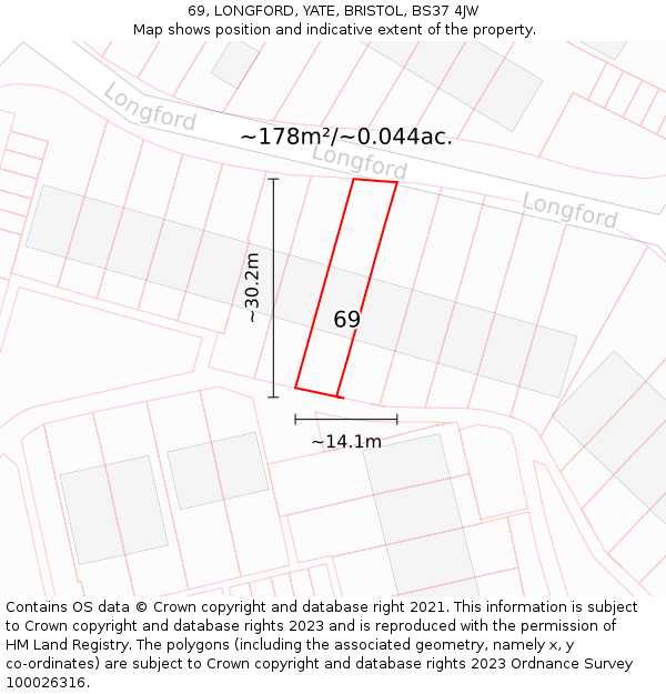 69, LONGFORD, YATE, BRISTOL, BS37 4JW: Plot and title map