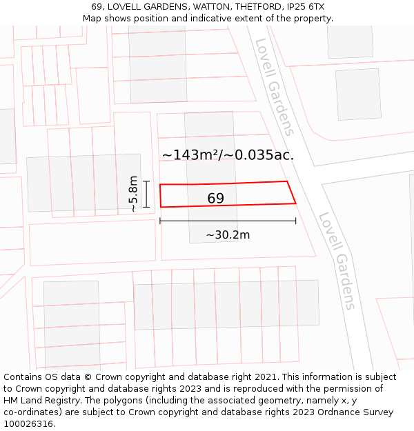 69, LOVELL GARDENS, WATTON, THETFORD, IP25 6TX: Plot and title map