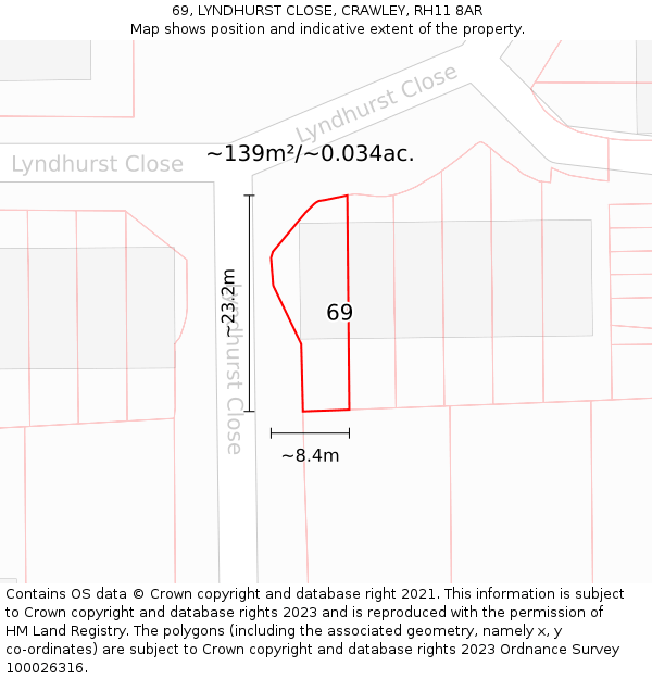 69, LYNDHURST CLOSE, CRAWLEY, RH11 8AR: Plot and title map