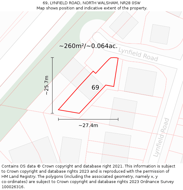 69, LYNFIELD ROAD, NORTH WALSHAM, NR28 0SW: Plot and title map