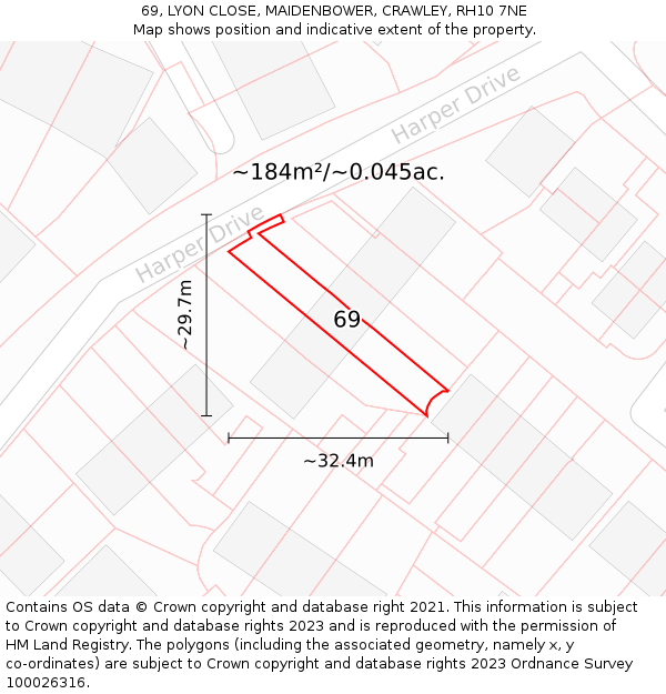 69, LYON CLOSE, MAIDENBOWER, CRAWLEY, RH10 7NE: Plot and title map
