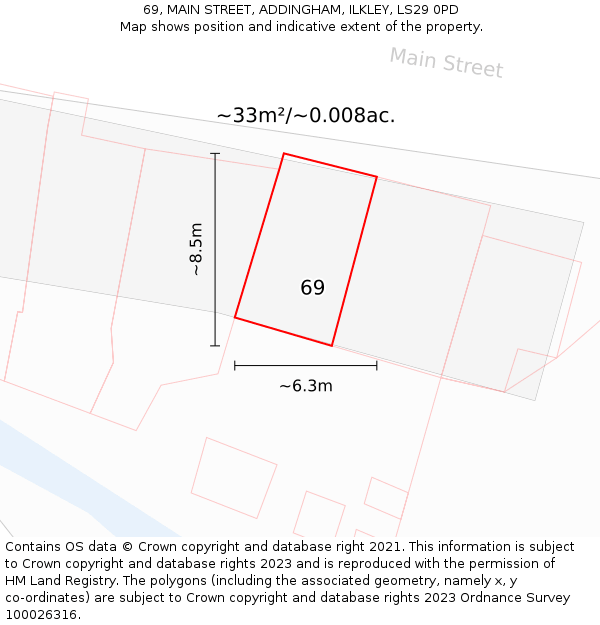 69, MAIN STREET, ADDINGHAM, ILKLEY, LS29 0PD: Plot and title map