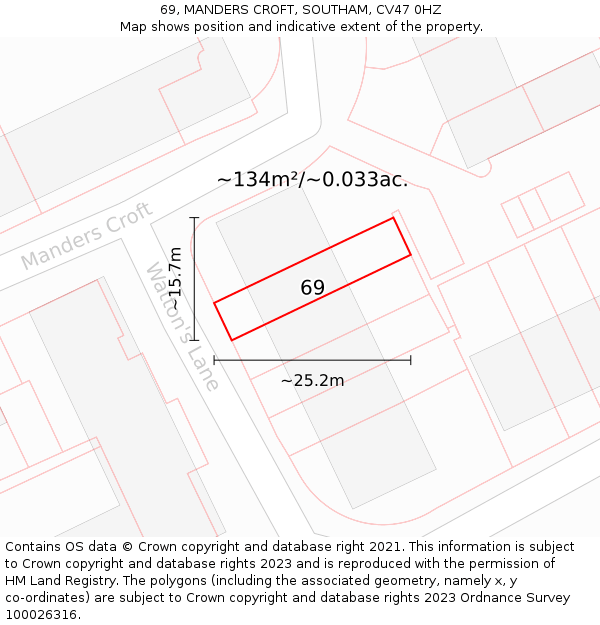 69, MANDERS CROFT, SOUTHAM, CV47 0HZ: Plot and title map