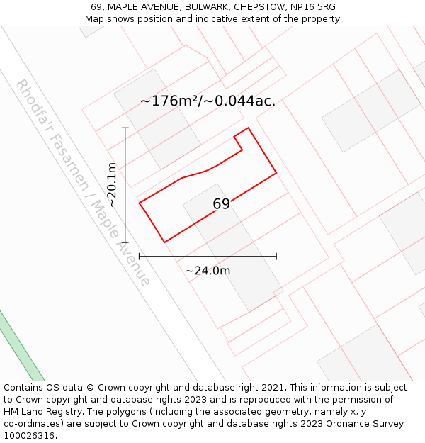 69, MAPLE AVENUE, BULWARK, CHEPSTOW, NP16 5RG: Plot and title map