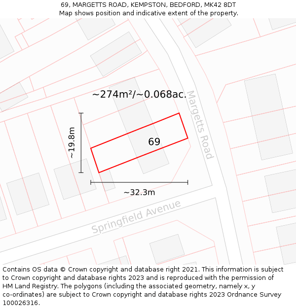 69, MARGETTS ROAD, KEMPSTON, BEDFORD, MK42 8DT: Plot and title map