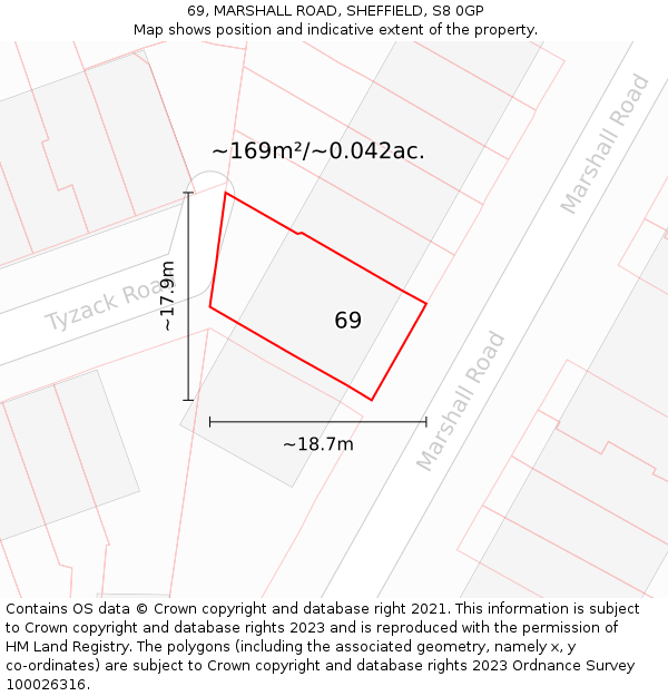 69, MARSHALL ROAD, SHEFFIELD, S8 0GP: Plot and title map
