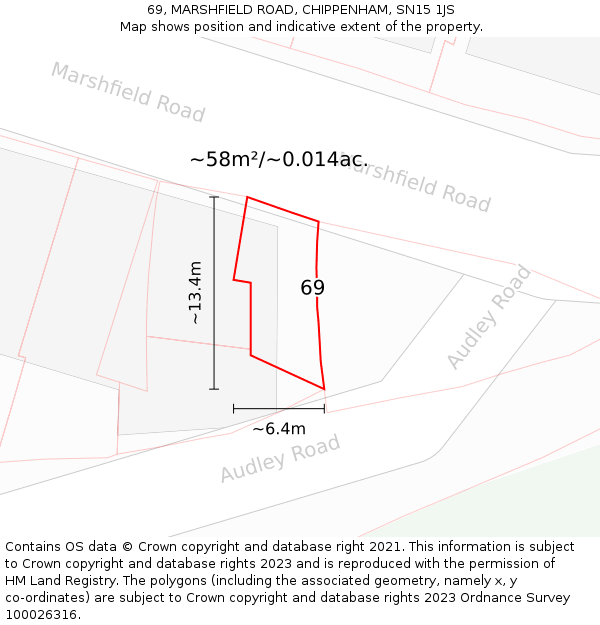 69, MARSHFIELD ROAD, CHIPPENHAM, SN15 1JS: Plot and title map