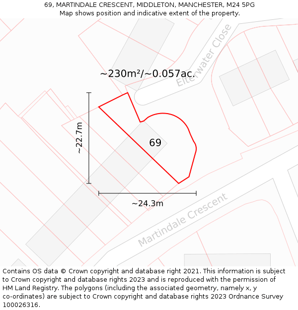 69, MARTINDALE CRESCENT, MIDDLETON, MANCHESTER, M24 5PG: Plot and title map