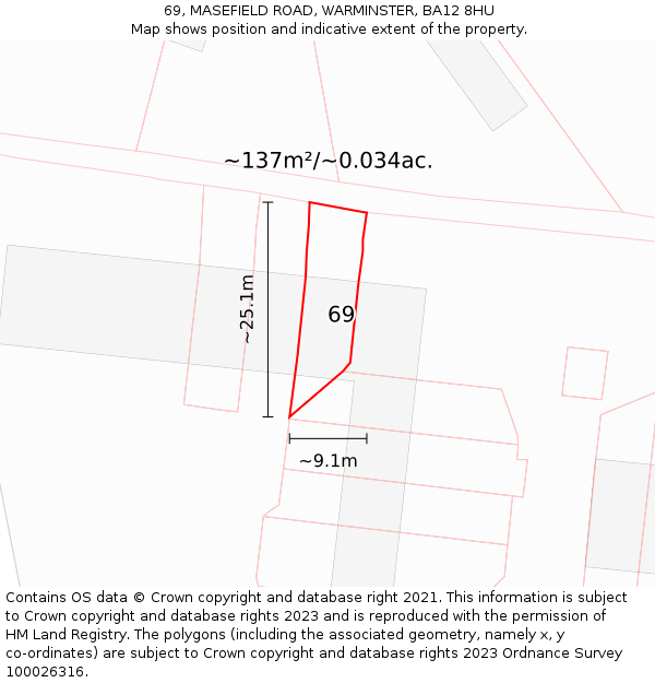 69, MASEFIELD ROAD, WARMINSTER, BA12 8HU: Plot and title map