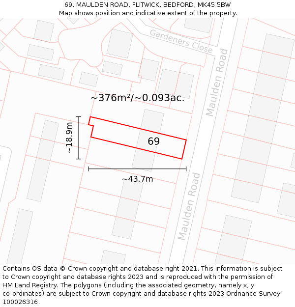 69, MAULDEN ROAD, FLITWICK, BEDFORD, MK45 5BW: Plot and title map