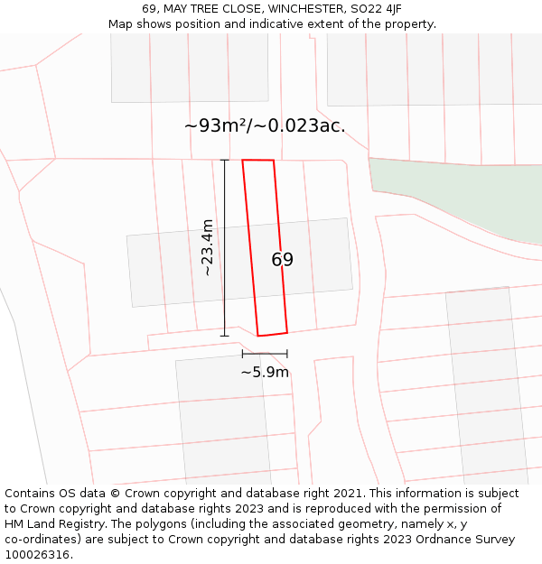69, MAY TREE CLOSE, WINCHESTER, SO22 4JF: Plot and title map