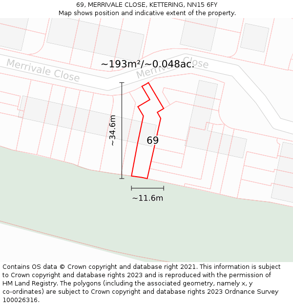69, MERRIVALE CLOSE, KETTERING, NN15 6FY: Plot and title map