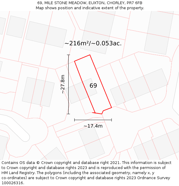 69, MILE STONE MEADOW, EUXTON, CHORLEY, PR7 6FB: Plot and title map