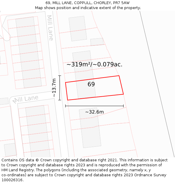 69, MILL LANE, COPPULL, CHORLEY, PR7 5AW: Plot and title map