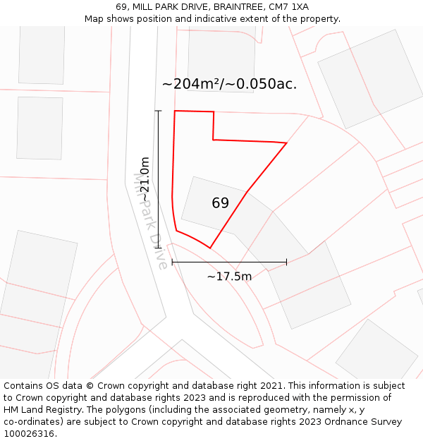 69, MILL PARK DRIVE, BRAINTREE, CM7 1XA: Plot and title map