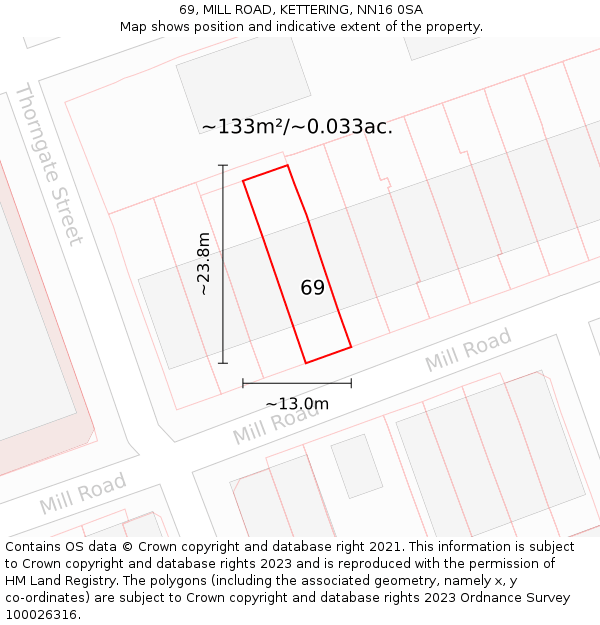 69, MILL ROAD, KETTERING, NN16 0SA: Plot and title map