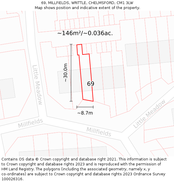 69, MILLFIELDS, WRITTLE, CHELMSFORD, CM1 3LW: Plot and title map