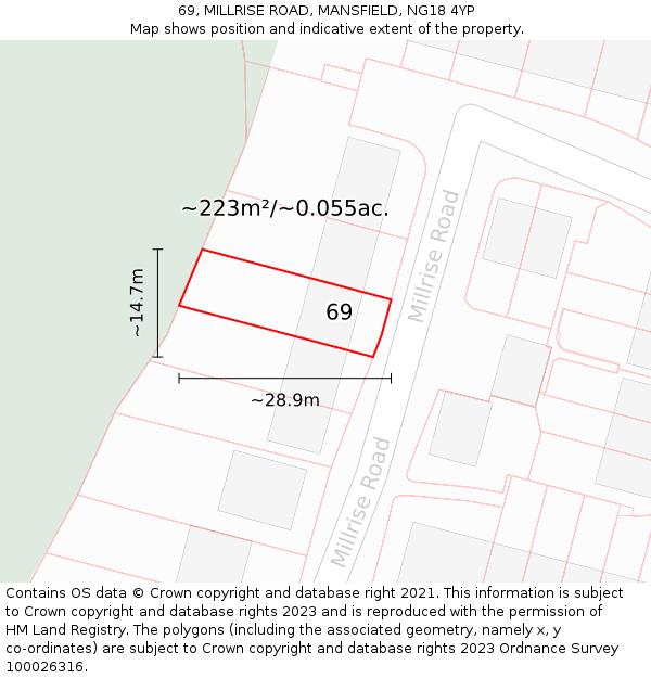 69, MILLRISE ROAD, MANSFIELD, NG18 4YP: Plot and title map