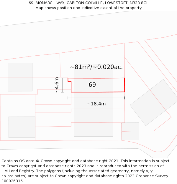 69, MONARCH WAY, CARLTON COLVILLE, LOWESTOFT, NR33 8GH: Plot and title map