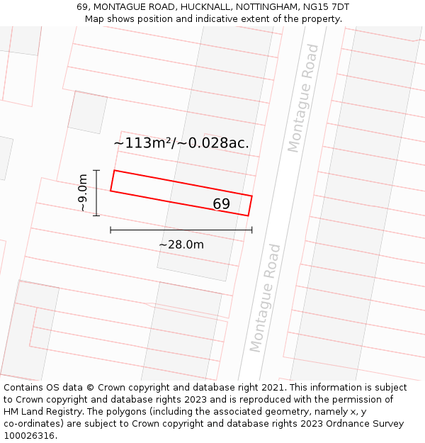 69, MONTAGUE ROAD, HUCKNALL, NOTTINGHAM, NG15 7DT: Plot and title map