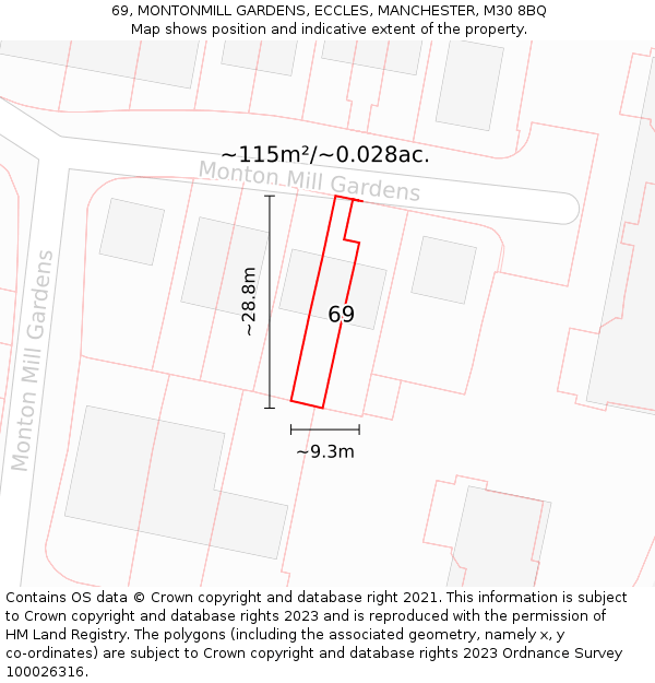 69, MONTONMILL GARDENS, ECCLES, MANCHESTER, M30 8BQ: Plot and title map