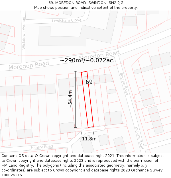 69, MOREDON ROAD, SWINDON, SN2 2JG: Plot and title map