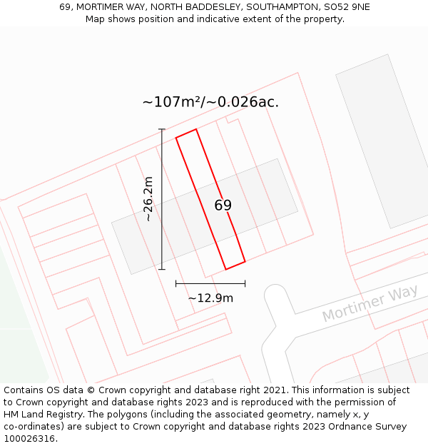 69, MORTIMER WAY, NORTH BADDESLEY, SOUTHAMPTON, SO52 9NE: Plot and title map