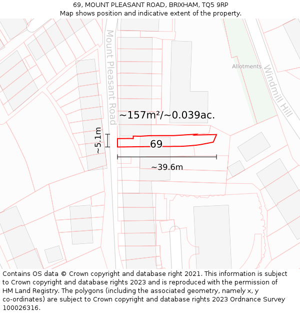 69, MOUNT PLEASANT ROAD, BRIXHAM, TQ5 9RP: Plot and title map
