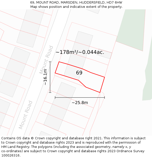 69, MOUNT ROAD, MARSDEN, HUDDERSFIELD, HD7 6HW: Plot and title map