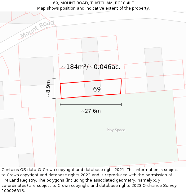 69, MOUNT ROAD, THATCHAM, RG18 4LE: Plot and title map