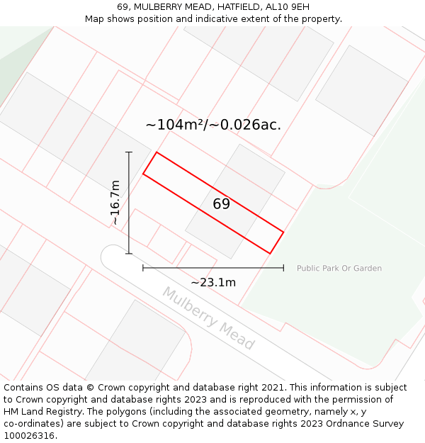 69, MULBERRY MEAD, HATFIELD, AL10 9EH: Plot and title map