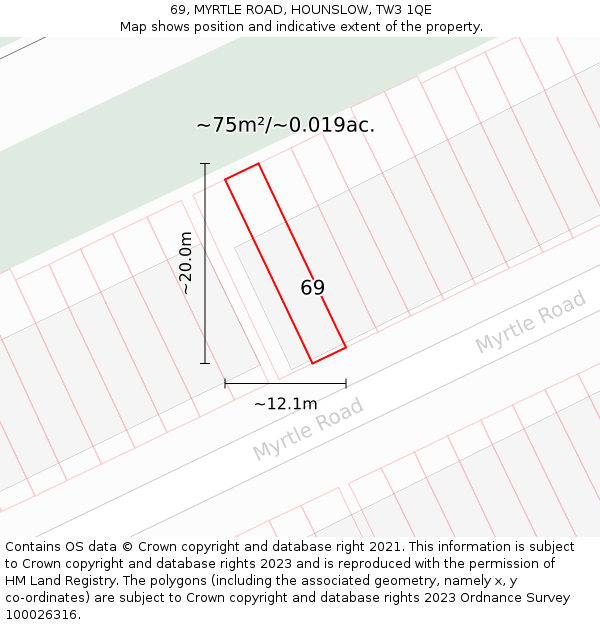 69, MYRTLE ROAD, HOUNSLOW, TW3 1QE: Plot and title map