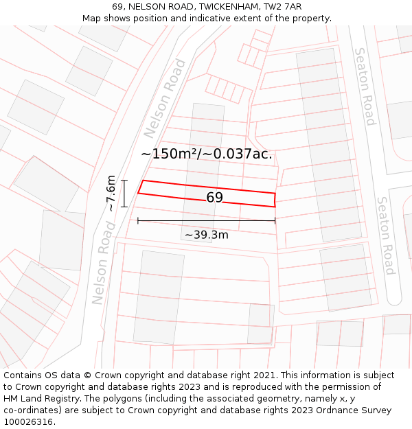 69, NELSON ROAD, TWICKENHAM, TW2 7AR: Plot and title map